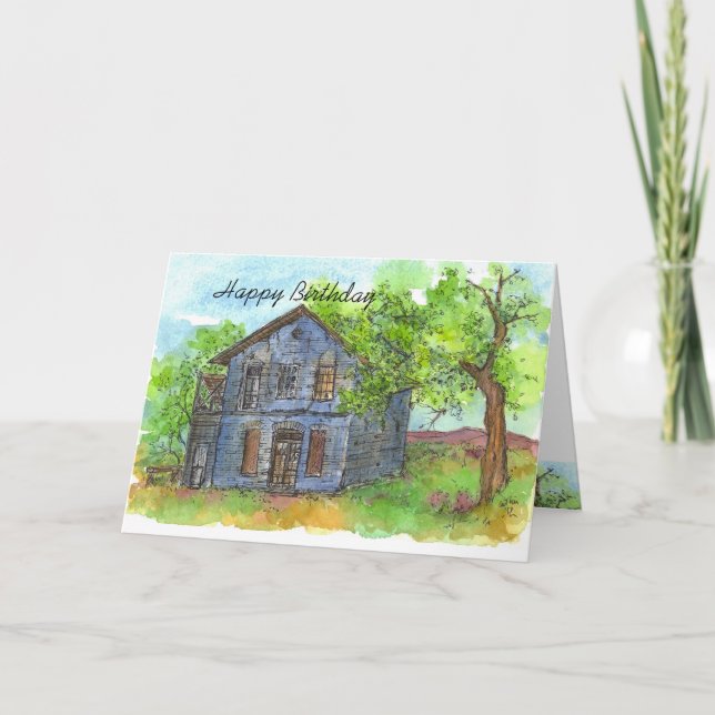 Blue Barn House Happy Birthday Desert Landscape Card (Front)