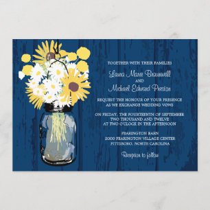 Blue Barn Mason Jar Daisies Sunflowers Wedding Invitation