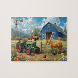 Blue Barn Tractor Horse Farm Mountain Scene Jigsaw Puzzle