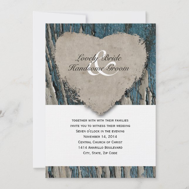 Blue Barn Wood Country Rustic Heart Wedding Invitation (Front)