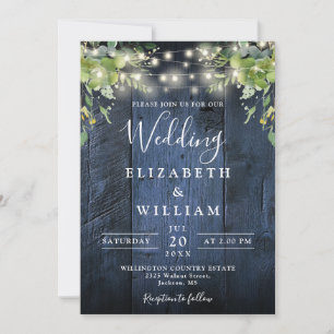 Blue Barn Wood String Lights Greenery Wedding Invitation