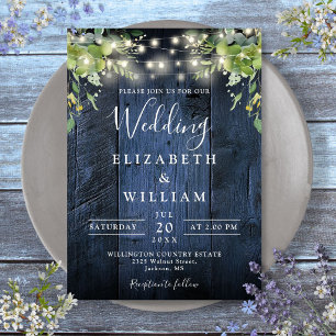 Blue Barn Wood String Lights Greenery Wedding Invitation