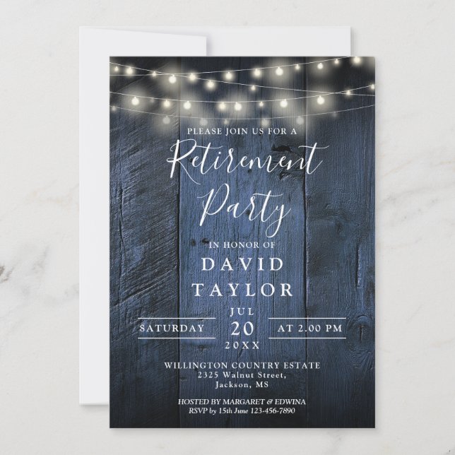Blue Barn Wood String Lights Retirement Party Invitation (Front)
