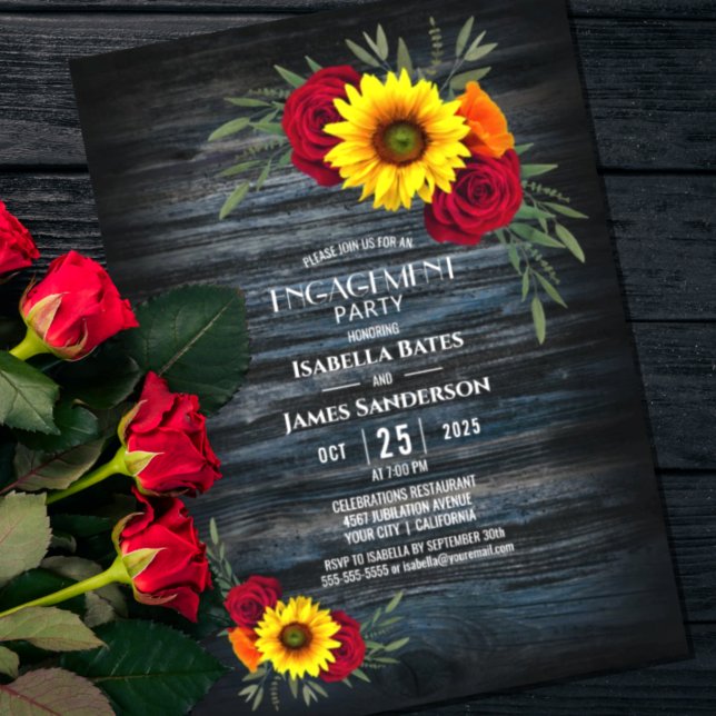 Blue Barn Wood Sunflower Rose Engagement Party Invitation (Creator Uploaded)