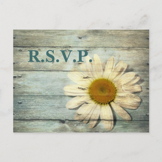 blue barnwood country daisy wedding response RSVP Invitation Postcard (Front)