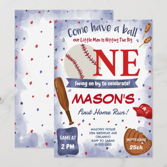 Blue Baseball 1st Birthday Party Invitation (Front/Back)