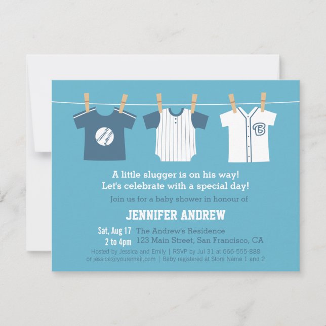Blue Baseball Baby Boy Shower Party Invitations (Front)