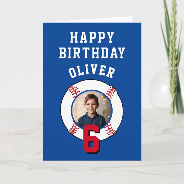 Blue Baseball Ball Kids Birthday Photo Card (Front)