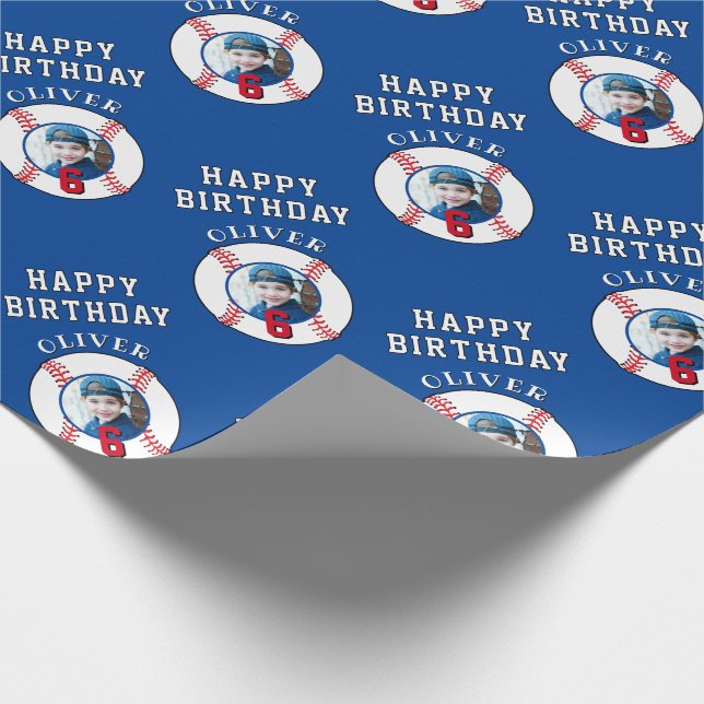 Blue Baseball Ball Kids Birthday Photo Wrapping Paper (Corner)