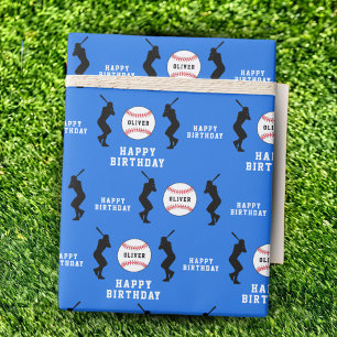 Blue Baseball Ball Player Kids Name Birthday Wrapping Paper