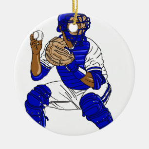 Blue baseball catcher ceramic tree decoration