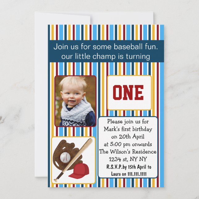 blue baseball first birthday photo invitation (Front)