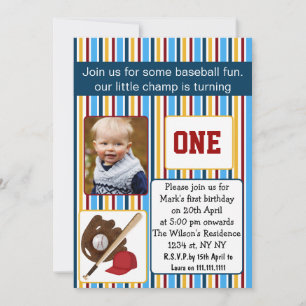 blue baseball first birthday photo invitation