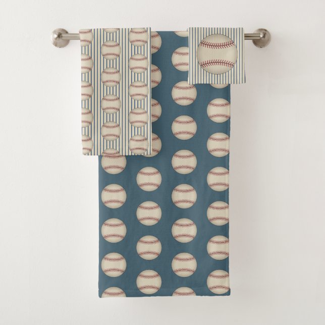 Blue Baseball Pattern Bath Towels Set Gift (Insitu)