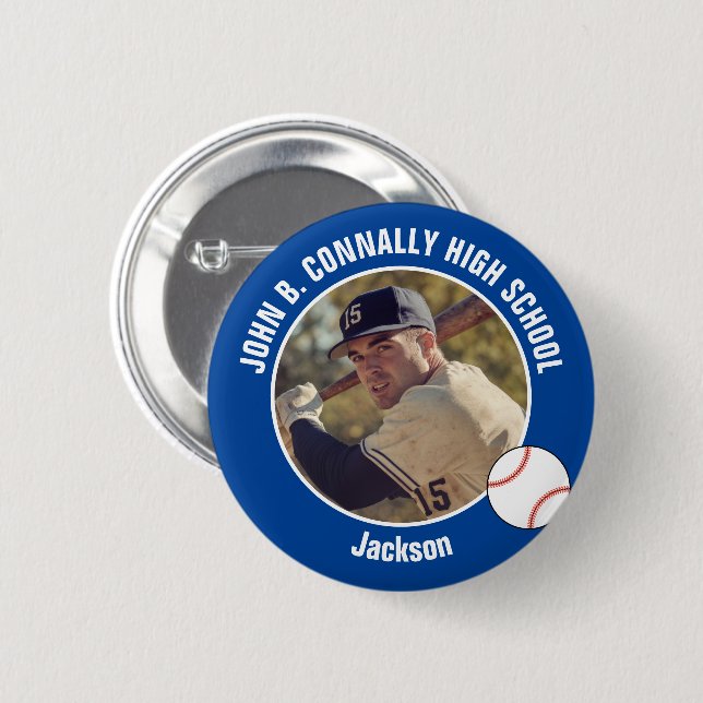 Blue Baseball Player Photo High School Spirit 6 Cm Round Badge (Front & Back)