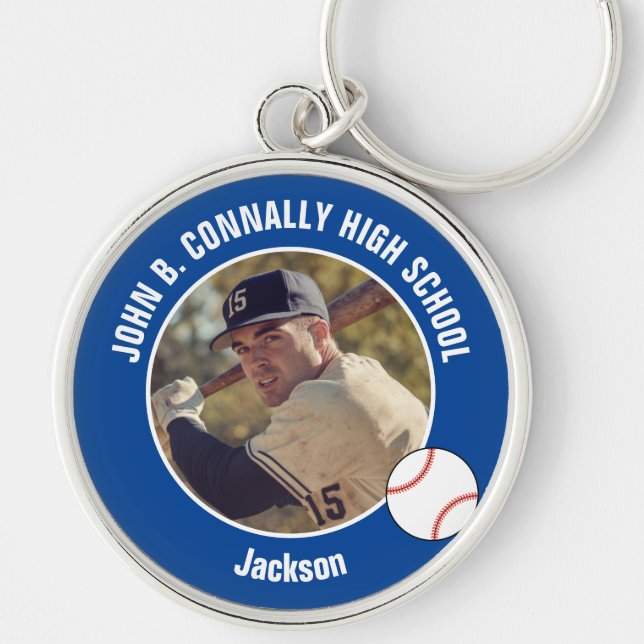Blue Baseball Player Photo High School Spirit Key Ring (Front)