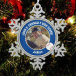 Blue Baseball Player Photo High School Spirit Snowflake Pewter Christmas Ornament<br><div class="desc">This cool customized high school baseball player photo gift features white typography of your team and player name on a blue Christmas ornament with a ball. Personalize with your student's photograph and class year as a proud sports parent for a great commemorative keepsake.</div>