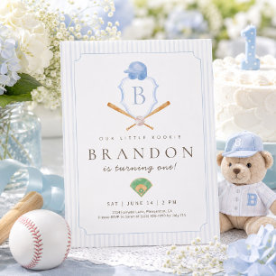 Blue Baseball Preppy Crest First Birthday invite