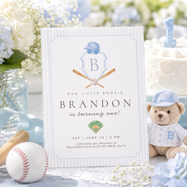 Blue Baseball Preppy Crest First Birthday invite (Creator Uploaded)