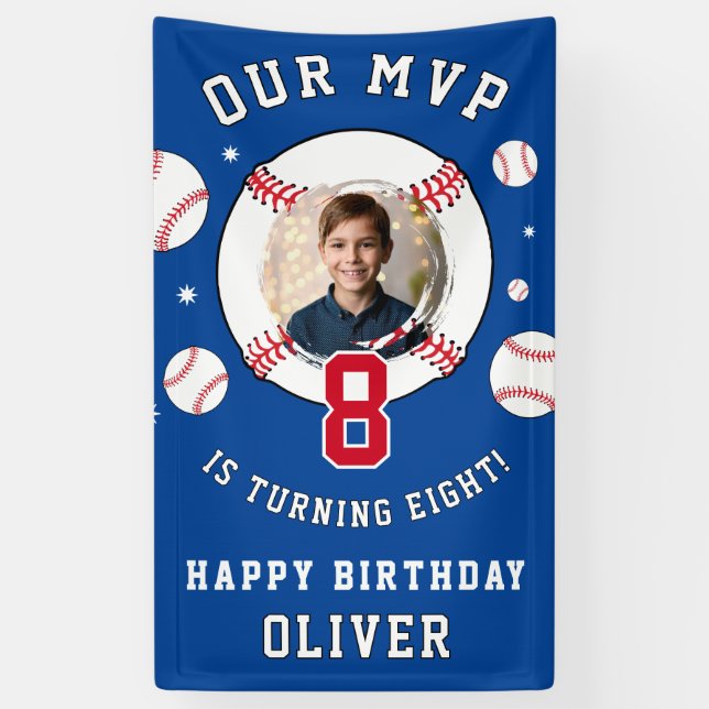 Blue Baseball Themed Kids Birthday Photo Banner (Vertical)