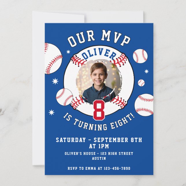 Blue Baseball Themed Kids Birthday Photo Invitation (Front)