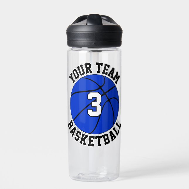 Blue Basketball Player Custom Team Name and Number Water Bottle (Front)
