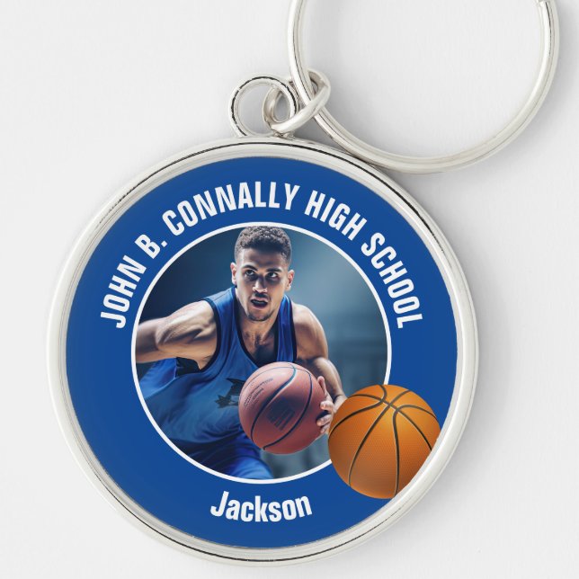 Blue Basketball Player Photo High School Spirit Key Ring (Front)