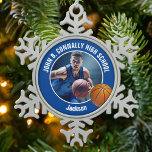 Blue Basketball Player Photo Keepsake Gift Snowflake Pewter Christmas Ornament<br><div class="desc">This cool customized high school basketball player photo gift features white typography of your team and player name on a blue Christmas ornament with a ball. Personalize with your student's photograph and class year as a proud sports parent.</div>
