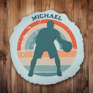 Blue Basketball Player Retro Rainbow Round Cushion