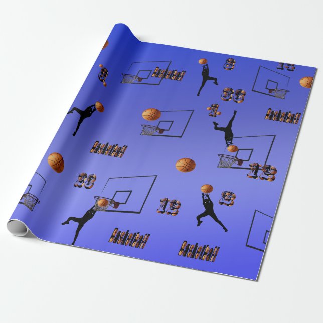 Blue Basketball Players Pattern, Wrapping Paper (Unrolled)