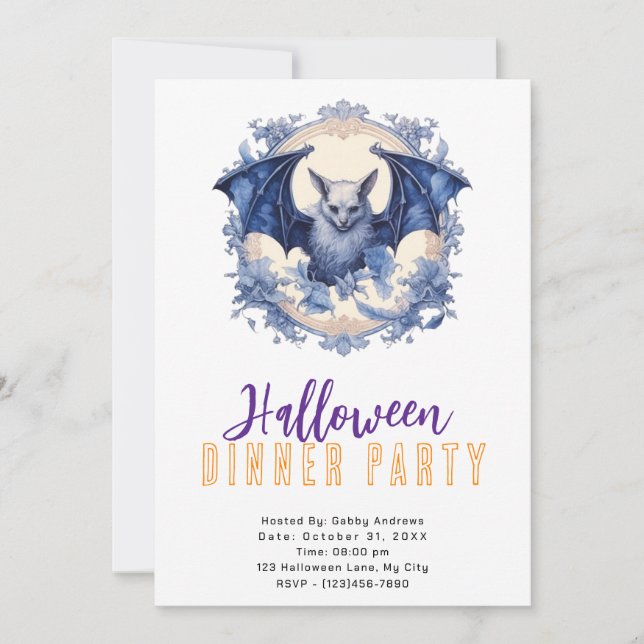 Blue Bat Blue Flowers Hat Halloween Dinner Party Invitation (Front)