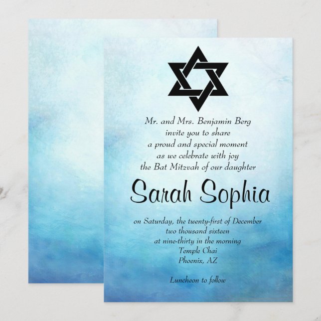 Blue Bat Mitzvah Invitation, Watercolor, Teal Invitation (Front/Back)