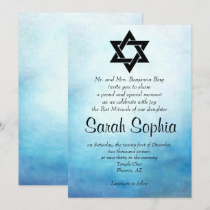 Blue Bat Mitzvah Invitation, Watercolor, Teal Invitation