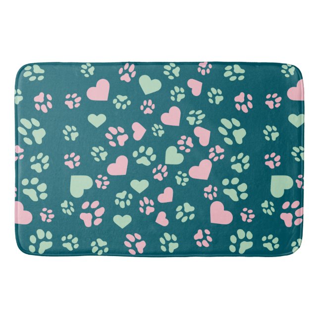 Blue Bath Mat with Pink Paw Prints & Heart Pattern (Front)