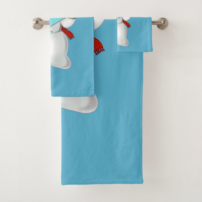 Blue Bath Towels with Funny Snowman Guitarist (Insitu)