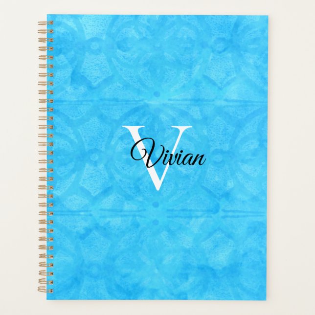 Blue Batik Elegant Monogram Name Planner (Front)