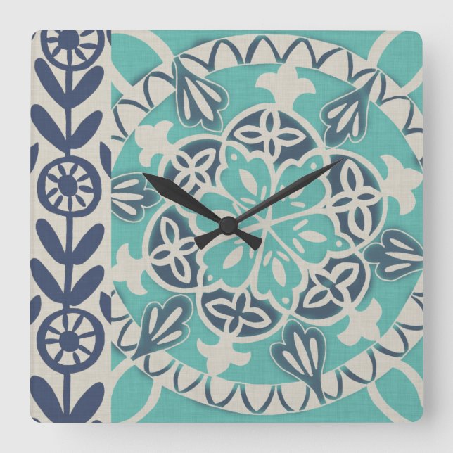 Blue Batik Tile I Square Wall Clock (Front)