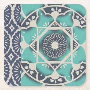Blue Batik Tile II Square Paper Coaster