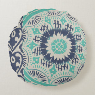 Blue Batik Tile III Round Cushion