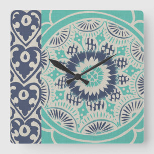 Blue Batik Tile III Square Wall Clock