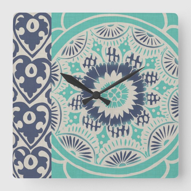 Blue Batik Tile III Square Wall Clock (Front)