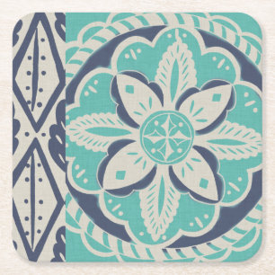 Blue Batik Tile IV Square Paper Coaster