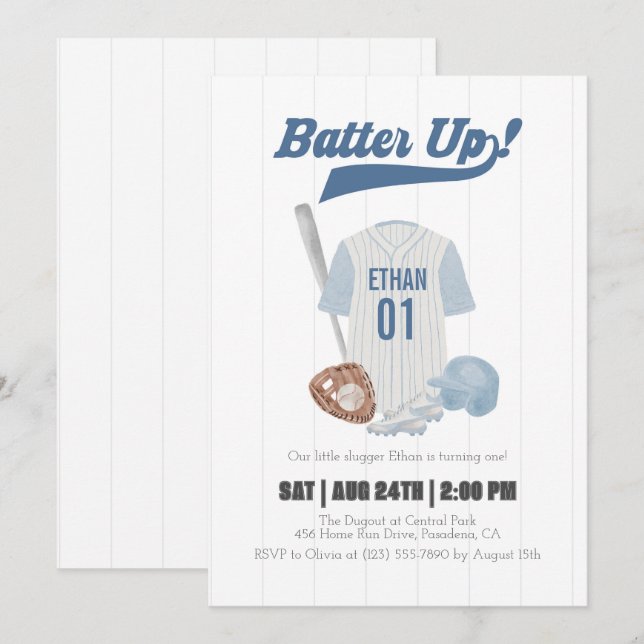 Blue Batter Up Baseball First Birthday Invitation (Front/Back)