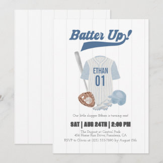 Blue Batter Up Baseball First Birthday Invitation