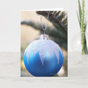 Blue bauble on Christmas tree, close up Holiday Card