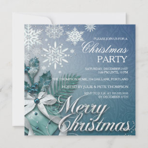 Blue Bauble & Snowflake Christmas Party Invitation