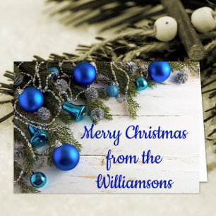 Blue Baubles and Pine Needles Christmas Card