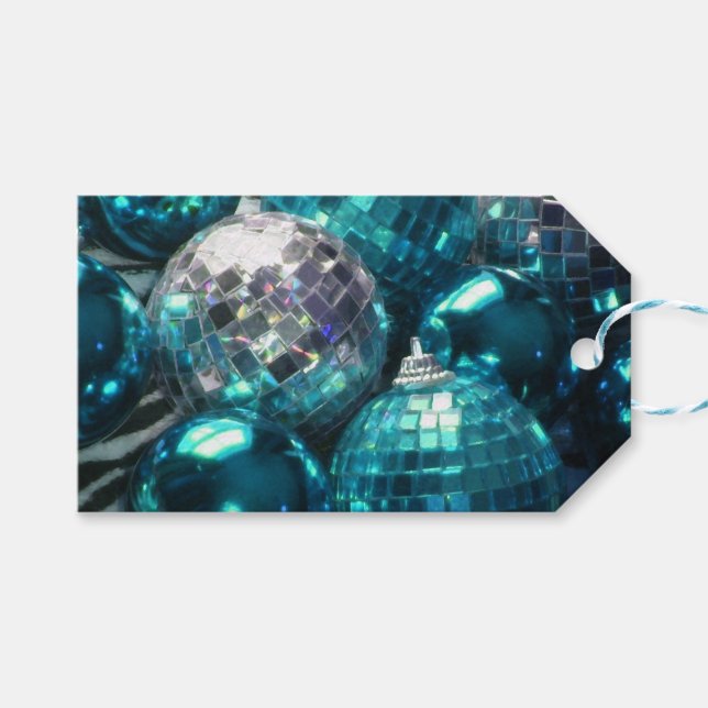 Blue Baubles Text gift tags blue (Front (Horizontal))