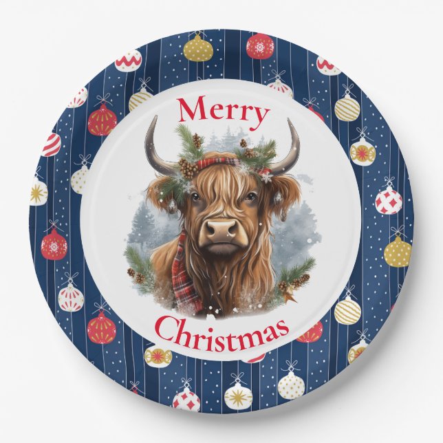 Blue Baulables Christmas Highlander Cow Paper Plate (Front)