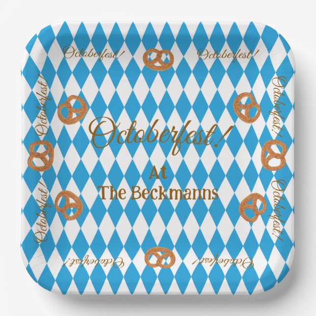 Blue Bavarian Octoberfest Pretzels Personalise Paper Plate (Front)